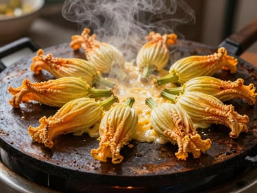Handmade corn quesadilla cooking on a hot flat comal, steam rising, cheese melting over fresh squash blossoms, warm lateral light