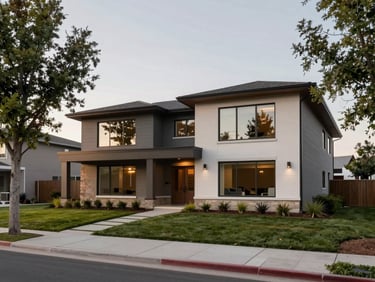 Contemporary single-story home in Daybreak Utah, large windows facing a community park, overcast daylight revealing clean architectural lines, mature trees lining the sidewalk