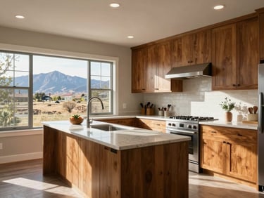 Spacious open-plan kitchen interior in a South Jordan Utah home, natural window light from the north, quartz countertops and warm wood cabinetry, Wasatch mountains glimpsed through the window