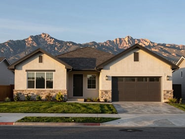 South Jordan Utah modern home exterior on a wide residential street, green front lawn, Rocky Mountains visible in the distance under warm afternoon light