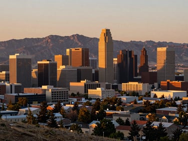 Salt Lake City Utah skyline at golden hour viewed from a hilltop, Wasatch Range behind the city, modern downtown buildings catching warm light, wide environmental framing