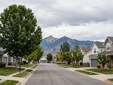 Wide shot of Riverton Utah suburban street lined with mature trees, modern homes with two-car garages, Wasatch peaks visible at the horizon under overcast daylight