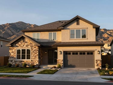 Modern two-story home in Herriman Utah exterior, stone and stucco facade under golden afternoon light, Wasatch foothills visible behind the roofline, wide driveway in foreground