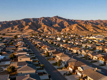 Aerial view of Herriman Utah neighborhood at golden hour, Wasatch foothills rising behind modern homes on a quiet residential street