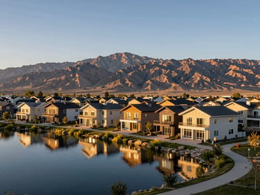 Daybreak Utah master-planned community at golden hour, lake reflection of modern homes in foreground, Oquirrh Mountains in the background, walkable paths visible