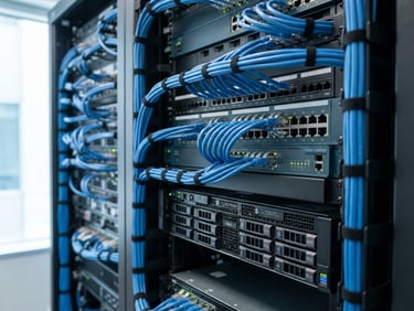 Macro shot of organized server rack with clean blue ethernet cabling, crisp cool daylight, technical precision, 50mm lens