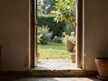 Stone doorway threshold seen from inside a dim hallway looking out to a sunlit garden, worn limestone step at the base, a terracotta pot just visible to the right, natural backlit framing
