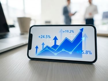 Sleek corporate technology workspace, macro close-up of a mobile interface displaying positive growth metrics in electric cobalt blue, bright high-key studio lighting, 35mm