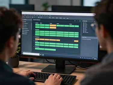 Over-the-shoulder perspective of a developer reviewing a build pipeline dashboard on a large monitor, green and amber status indicators visible, dark office environment, cool monitor glow illuminating keyboard and desk surface, no face visible