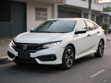 Three-quarter front view of a white Honda Civic parked on a quiet Accra street, early morning flat light, showing clean panels and alloy wheels