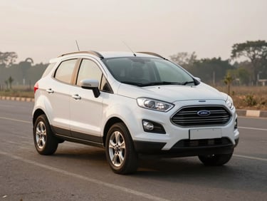 Three-quarter front of a white Ford EcoSport parked on a quiet Accra tarmac, early morning flat light, clean panels and front grille visible