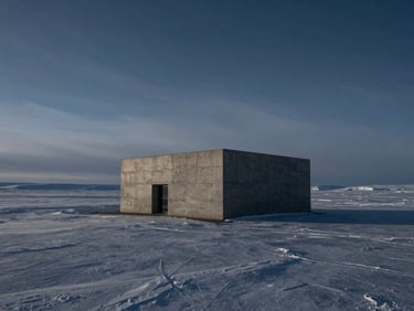 Minimalist concrete architectural structure standing alone in a vast frozen arctic plain, low-angle polar sun casting long sharp shadows.
