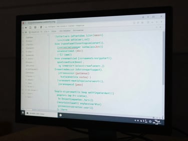 Close-up of a terminal window on a dark monitor showing a JSON API response with transaction settlement fields, cyan syntax highlighting on field names, cool screen glow in an otherwise dark studio environment
