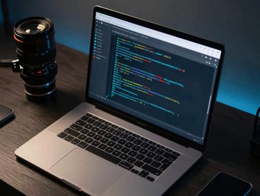Overhead view of a developer's desk with a terminal window open showing API response JSON with latency metrics highlighted in cyan, cool studio lighting, dark workspace