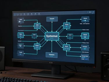 Wide-angle view of a distributed systems diagram displayed on a large monitor, settlement flow nodes connected by cyan lines, dark studio environment, cool screen glow