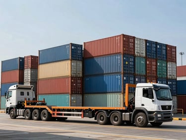 Wide-angle environmental shot of stacked shipping containers at Mundra port under harsh midday sun, heavy-duty flatbed truck waiting in the foreground