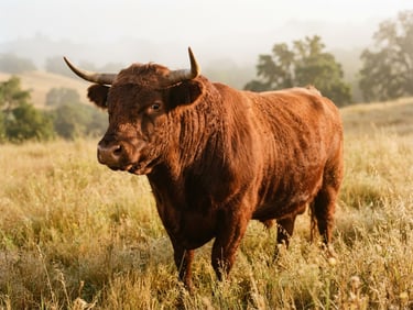 A close-up of a Shorthorn bull standing in a golden California pasture during morning mist, soft sunlight highlighting its rich red coat, shallow depth of field, 35mm.