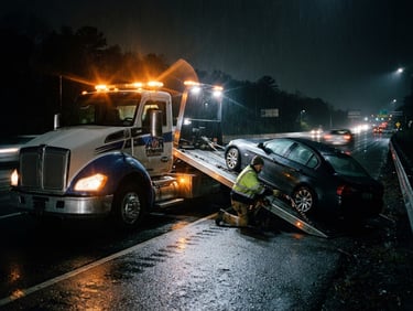 Gritty documentary photography, high contrast, flashing amber lights of a modern flatbed tow truck on a night highway, cinematic lighting, 35mm