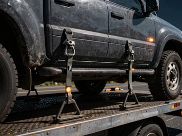 Gritty documentary photography, close-up of heavy-duty secure tie-downs on a large SUV on a tow flatbed, stark daylight, high contrast