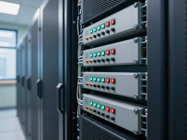 Close-up of a medical records server rack in a hospital data center corridor, cool daylight from high windows, precision cabling and status indicators in focus, shallow depth of field, no patients or staff