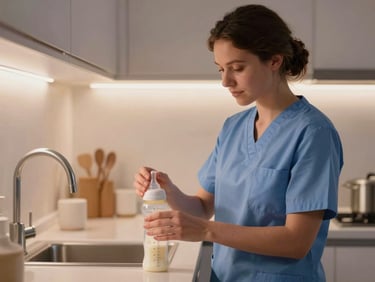 A certified caregiver preparing a bottle in a clean, modern kitchen under soft morning light, organized and calm, 35mm