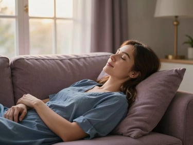 A resting mother looking relieved and peaceful on a comfortable sofa, warm golden hour window light, soft mauve accents, shallow depth of field, 35mm