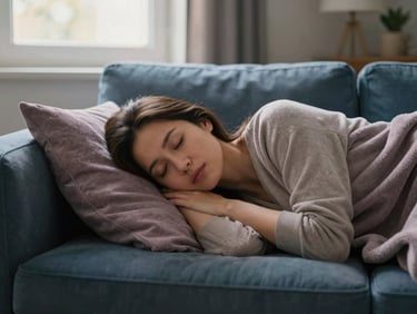 A mother resting peacefully on a sofa with a soft blanket, warm morning light filtering through a window, serene atmosphere, 35mm