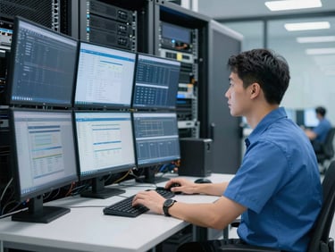 Technician actively monitoring multiple screens in a modern, well-lit server room, crisp blue and slate tones, medium shot