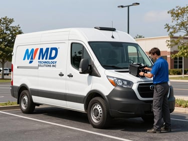 Branded MD TECHNOLOGY SOLUTIONS INC service vehicle parked in a Northern Virginia business park at daylight, technician loading equipment, sharp focus