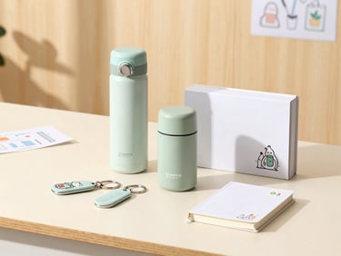 Collection of personalized corporate gifts like a branded thermos, custom keychain, and a small notebook, arranged on a light-colored desk with soft daylight, a subtle doodle illustration in the background, scrapbook style