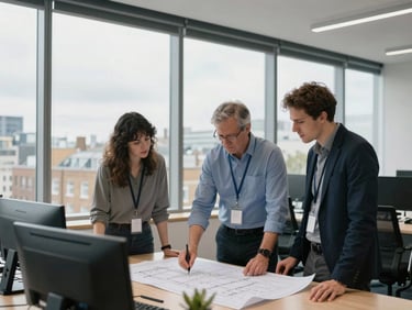 Engineers collaborating on blueprints in a modern, clean London office, natural window light, crisp documentary photography.