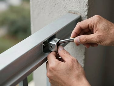 Close detail of hands tightening a stainless steel cable anchor into a powder-coated aluminium frame channel on a balcony wall, natural mid-day light, concrete wall texture visible in background, shallow focus on the mounting hardware showing material quality and craftsmanship