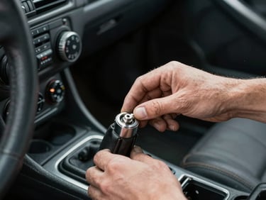 Close-up technical shot of a mechanic's hands inspecting a vintage gated shifter mechanism inside a clean car interior, overcast natural light.
