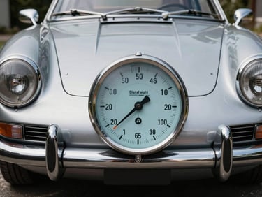 A digital paint-meter displaying micron thickness against the clean steel fender of a classic silver sports car, straight-on technical framing.