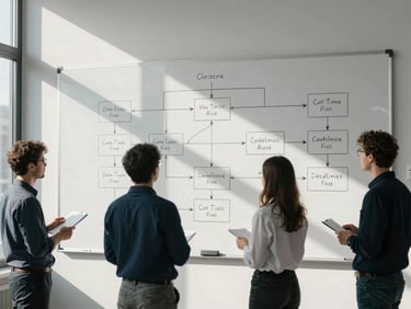 A detailed process flow map on a whiteboard with engineers collaborating, bright natural architectural daylight, cool desaturated tones with deep navy shadows, wide-angle lens