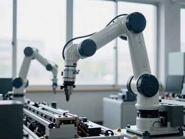 Close-up of robotic arm on a manufacturing assembly line, bright natural light, cool tones, showing precision and automation, crisp shadows.