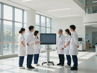 Medical professionals collaborating around a digital display in a clean, modern hospital environment, natural light, focused discussion, crisp shadows.