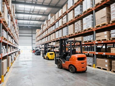 Wide shot inside a modern logistics warehouse, high ceilings, organized aisles of shelves, forklifts moving efficiently, bright daylight, cool desaturated tones.