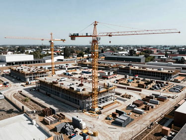 Aerial view of a large, active construction site with multiple cranes, organized material staging, and visible progress, bright daylight, cool desaturated tones.