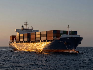 Low-key dramatic wide shot of a massive container vessel cutting through deep ocean water at twilight, golden hour reflections on the hull, minimal atmospheric mist.