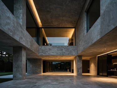 Sleek modern architectural interior of a luxury villa, sharp concrete lines, high-contrast dramatic lighting, subtle gold ambient glow, wide angle