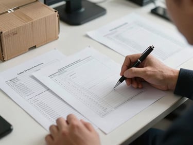 Close overhead view of a logistics operations desk — shipping manifests, container reference sheets, a pen mid-notation — under clean diffused office daylight, documents sharp and legible