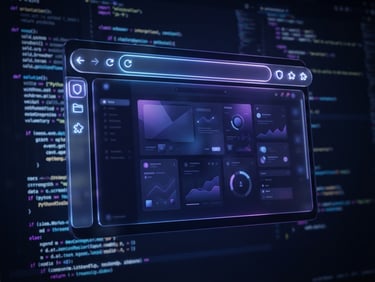 Sleek 3D digital render of a dark glassmorphic web browser interface, glowing violet and electric blue highlights, ultra-sharp macro detail, clean code editor blurred in background, 8k resolution