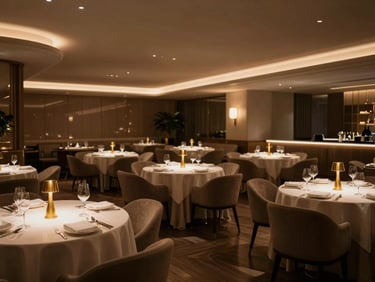 Pristine empty luxury restaurant interior before service, low-key dramatic architectural lighting, warm champagne gold accents on tables, 35mm editorial photography, shallow depth of field