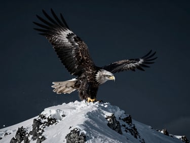 High-contrast wildlife shot, majestic eagle on a snowy peak in the French Alps, moody lighting