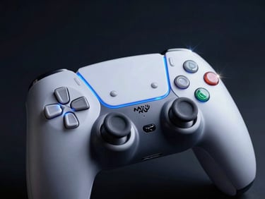 Dark high-contrast close-up of a gaming controller illuminated by sharp electric blue neon rim light, metallic silver details, cinematic anamorphic lens flare.