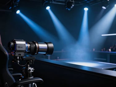 Cinematic high-contrast video still of an esports arena, dramatic electric blue spotlights, hazy atmosphere, technical gear, dark cinematic photography style.