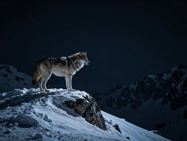 Cinematic video still of a lone wolf on a high-altitude snowy mountain ridge, dramatic rim light, cool blue tones, dark cinematic photography style.