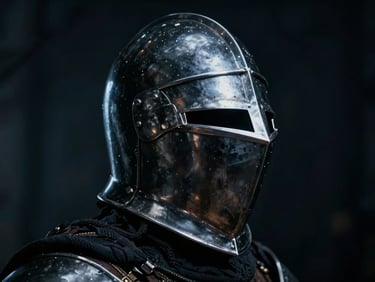 Low-key cinematic close-up of a medieval knight helmet catching metallic silver rim light, dark moody atmosphere, deep shadows.