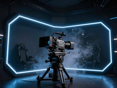 Dark high-tech gaming arena, neon electric blue rim lighting, smoke, cinematic camera rig